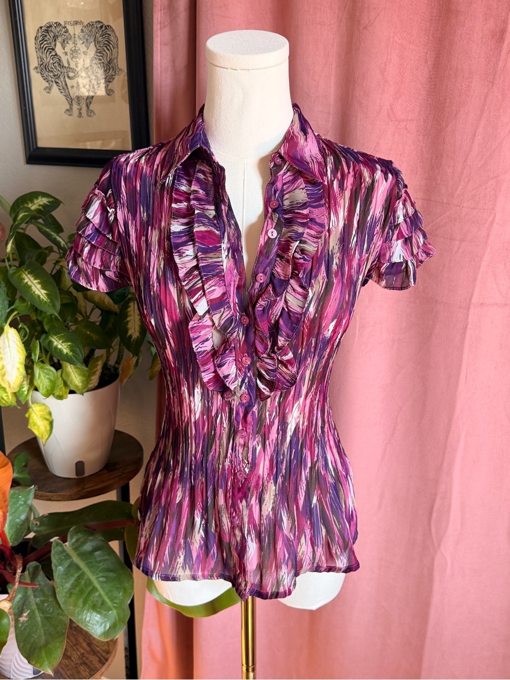 Vintage Y2k East 5th Purple and Pink Ruffled Button-Down Pleated Blouse